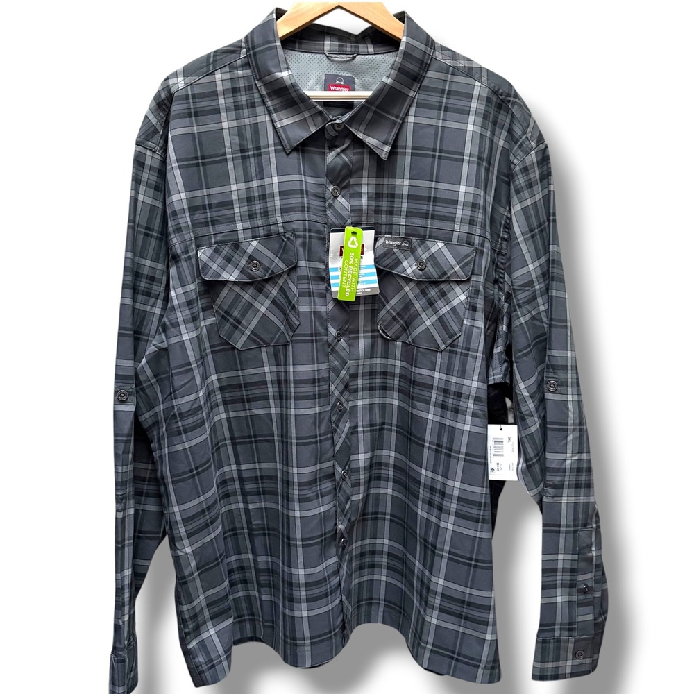Wrangler‎ Outdoor Men 3XL Grey Plaid Stretch Moisture Wicking UPF 40 Shirt NEW